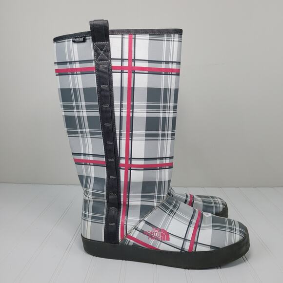 North Face Boots Plaid Pink Gray 620179 Hydroseal Rain Tall Boot Womens Size 11 - Picture 1 of 8